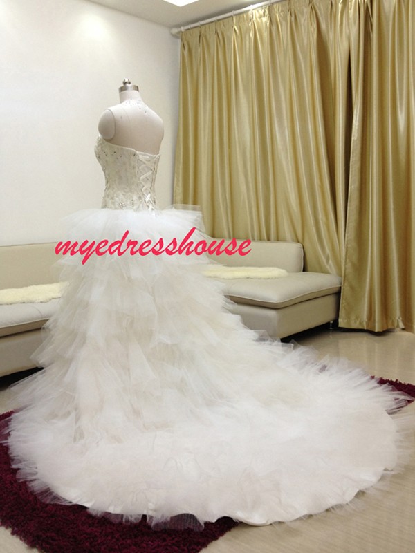 Myedresshouse Hauter Couture Crystal High Slit A-line Wedding Dress
