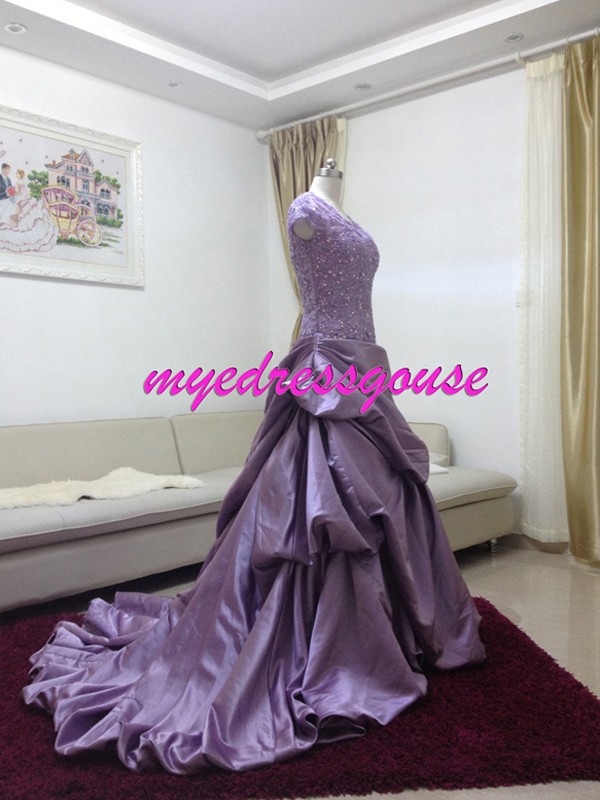 Myedresshouse Hauter Couture Purple Satin Packing-up Prom Dress