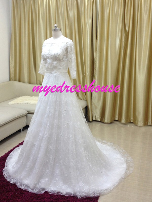 Myedresshouse Hauter Couture Lace Half Sleeves A-line Wedding Dress