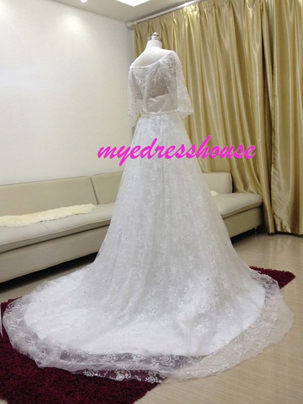 Myedresshouse Hauter Couture Lace Half Sleeves A-line Wedding Dress