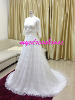 Myedresshouse Hauter Couture Lace Half Sleeves A-line Wedding Dress