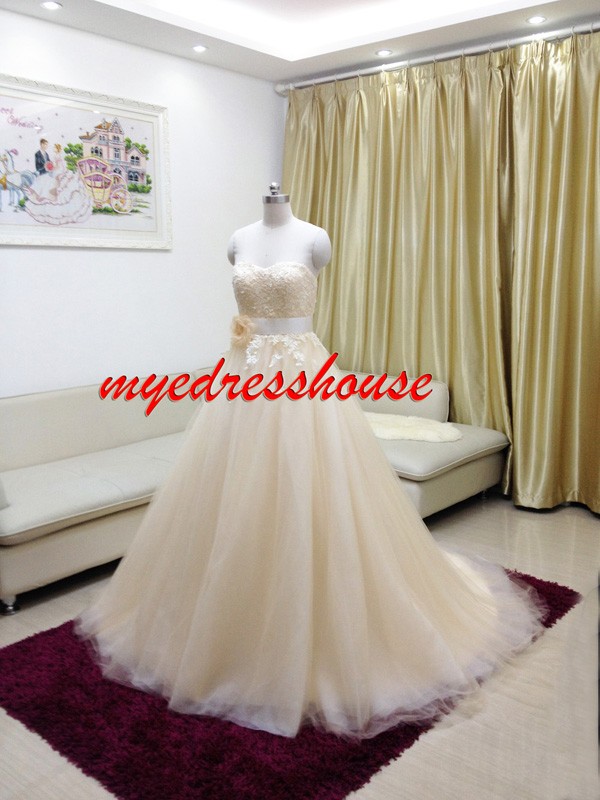 Myedresshouse Hauter Couture Champagne Soft Tulle Wedding Dress