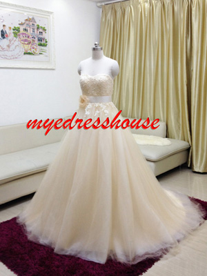 Myedresshouse Hauter Couture Champagne Soft Tulle Wedding Dress