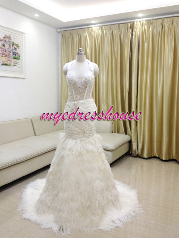 Myedresshouse Hauter Couture Halter Straps Nature Feather Mermaid Wedding Dress