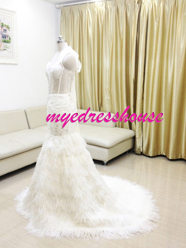 Myedresshouse Hauter Couture Halter Straps Nature Feather Mermaid Wedding Dress