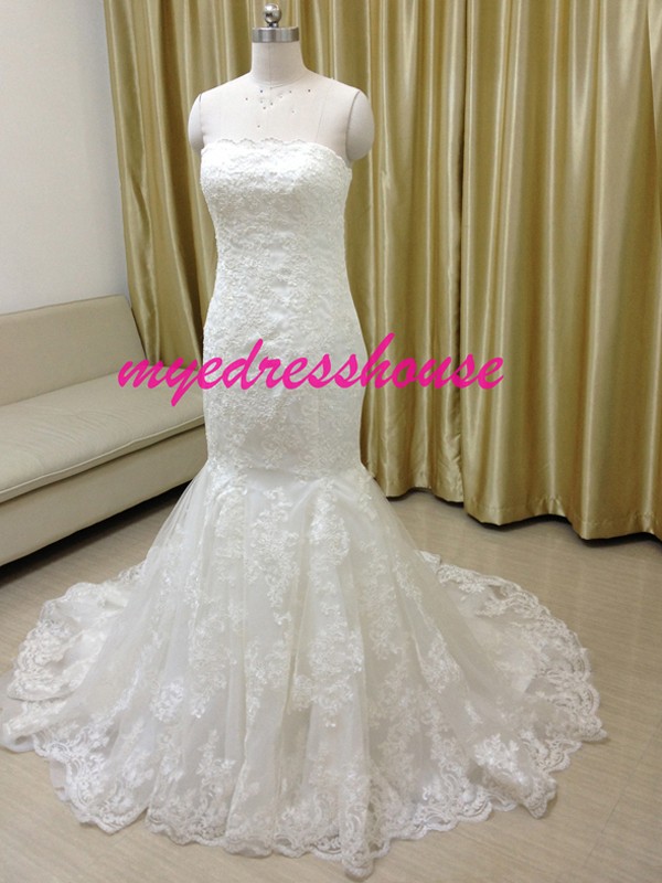 Myedresshouse Hauter Couture Strapless Lace Mermaid Wedding Dress 